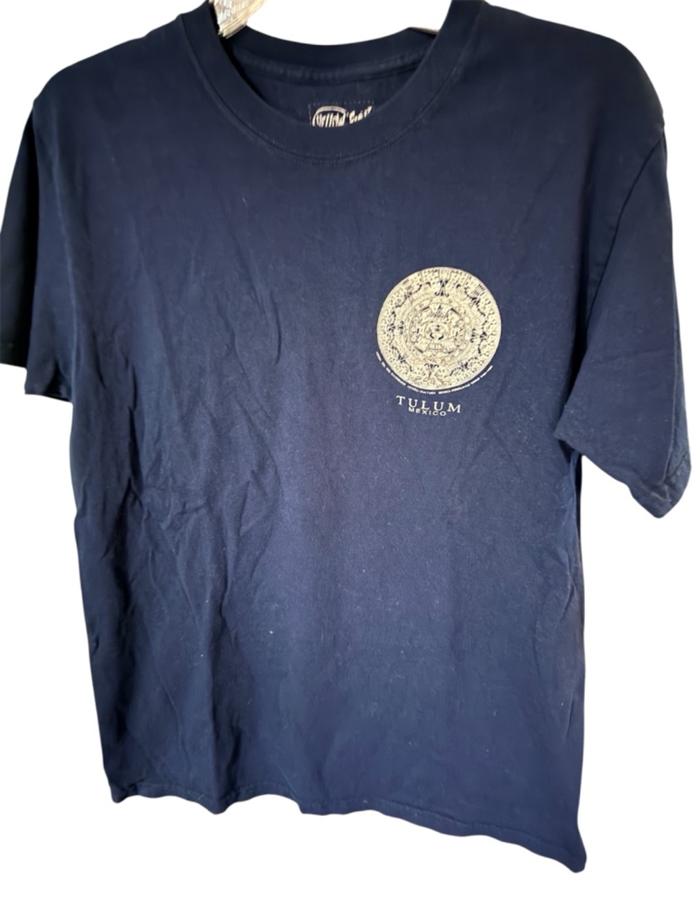 Vintage Yellow Fish Navy Aztec Graphic Print Short Sleeve Shirt...SZ. M EUC